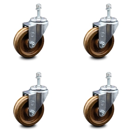 Service Caster 4 Inch High Temp Phenolic Wheel Swivel 10mm Threaded Stem Caster Set SCC SCC-TS20S414-PHSHT-M1015-4